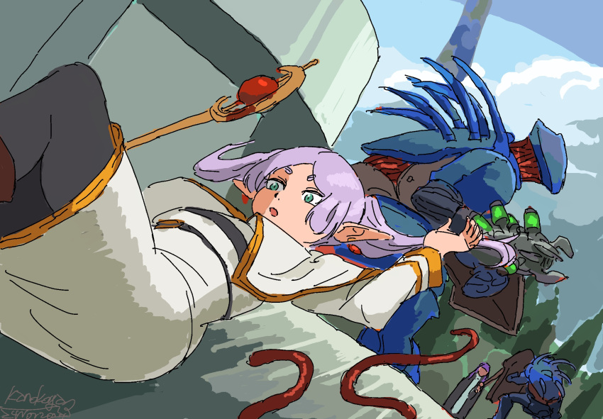 2girls, arm_cannon, black_cloak, black_pantyhose, breasts, cloak, crossover, dress, earrings, falling, fern_(sousou_no_frieren), floating_hair, frieren, green_eyes, hair_behind_ear, halo:_combat_evolved, halo_(series), halo_installation, highres, hunter_(halo), jewelry, kanokoga, long_pointy_ears, multiple_girls, open_hand, open_mouth, pantyhose, pointy_ears, purple_hair, small_breasts, sousou_no_frieren, spikes, twintails, v-shaped_eyebrows, weapon, white_dress