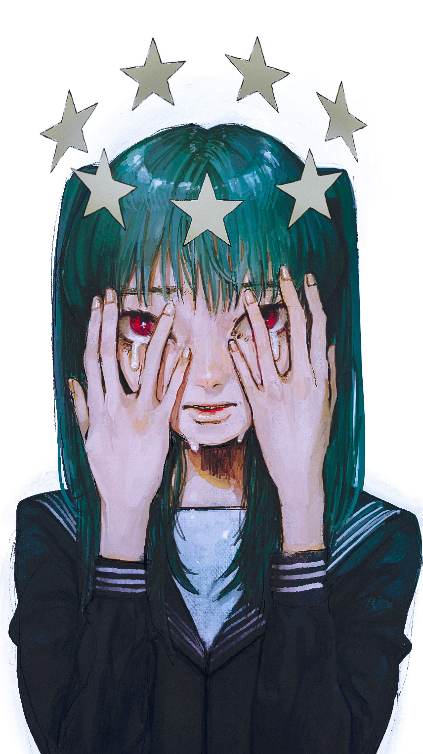 1girl, byakugun, commentary, crying, crying_with_eyes_open, green_hair, hands_on_own_face, highres