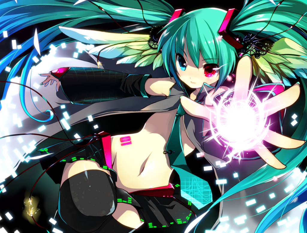 aqua_hair, detached_sleeves, hatsune_miku, head_wings, heterochromia, kaisanbutsu, long_hair, navel