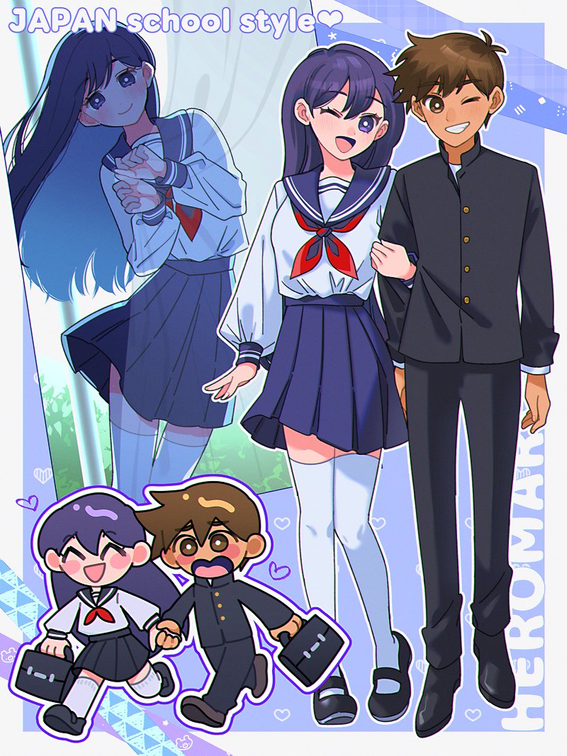 1boy, 1girl, alternate_costume, black_eyes, black_footwear, black_hair, black_pants, blue_sky