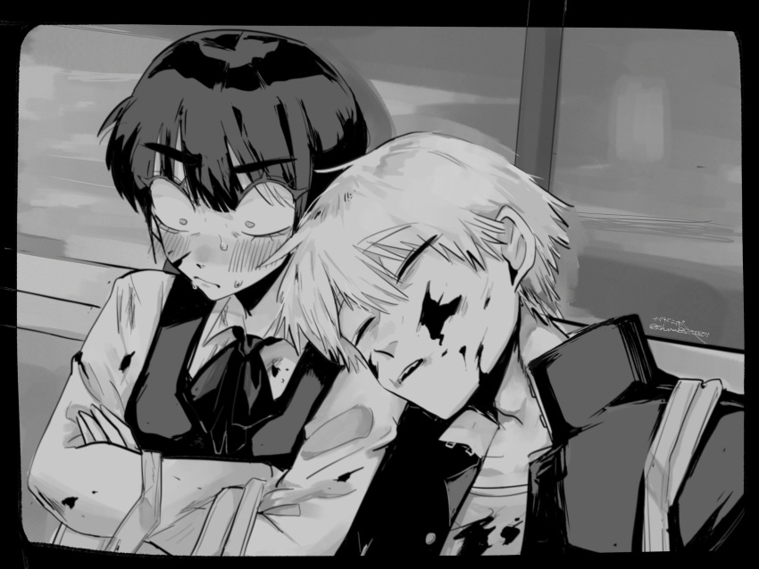 1boy, 1girl, blood, blood_on_clothes, blush, chainsaw_man, closed_eyes, crossed_arms, denji_(chainsaw_man), dress, gaganbo_(shuuu85372871), gakuran, greyscale, head_on_another's_shoulder, highres, mitaka_asa, monochrome, pinafore_dress, school_uniform, sleeping, sleeping_on_person, sleeveless, sleeveless_dress, sweat, wide-eyed