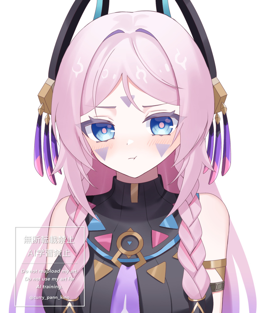 1girl, :t, bare_shoulders, blue_eyes, blush, braid, citlali_(genshin_impact), closed_mouth