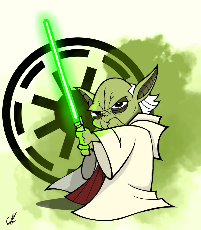 1boy, alien, black_eyes, energy_sword, english_commentary, frown, galactic_republic, hair_behind_ear