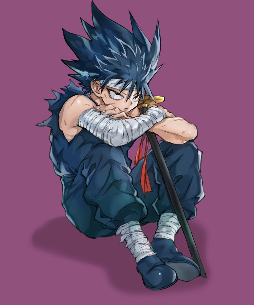1boy, absurdres, bandaged_ankle, bandaged_arm, bandages, black_eyes, black_footwear, black_hair, black_pants, black_shirt, crossed_arms, drop_shadow, hajime_(kuninotokotatinokami), headband, hiei_(yu_yu_hakusho), highres, multiple_scars, pants, purple_background, scabbard, scar, scar_on_arm, scar_on_face, scar_on_hand, sheath, shirt, sitting, sleeveless, spiky_hair, sword, torn_clothes, torn_sleeves, weapon, white_headband, yu_yu_hakusho