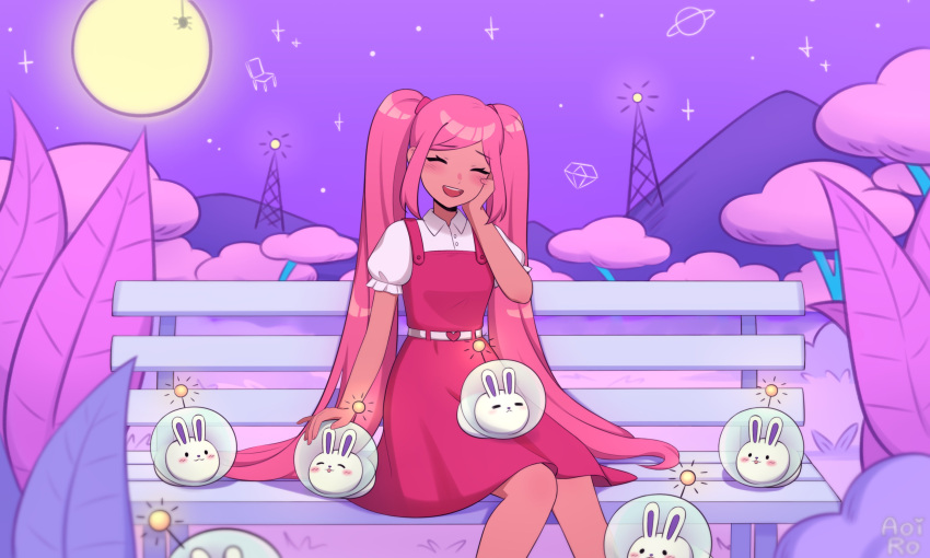 1girl, absurdres, aoiro_arts, bench, blush, closed_eyes, dark-skinned_female, dark_skin, dress, hand_on_own_chest, highres, long_hair, omori, open_mouth, outdoors, perfectheart_(omori), pink_dress, pink_hair, short_sleeves, sitting, smile, solo, space_bunny_(omori), tree, twintails