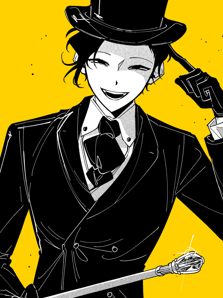 1boy, absurdres, alternate_costume, ascot, buttons, collared_shirt, commentary_request, double-breasted, glint, gloves, greyscale_with_colored_background, hat, highres, holding, holding_scepter, jacket, jjeom, korean_commentary, long_sleeves, male_focus, open_mouth, saibou_shinkyoku, scepter, shirt, short_hair, simple_background, smile, solo, top_hat, upper_body, utsugi_rangiri, vest, yellow_background