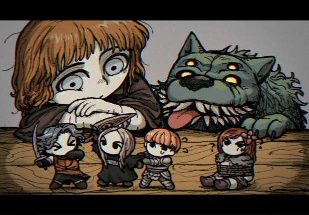 >_<, 2girls, 3boys, ?, armor, barbarian, black_border, black_gloves