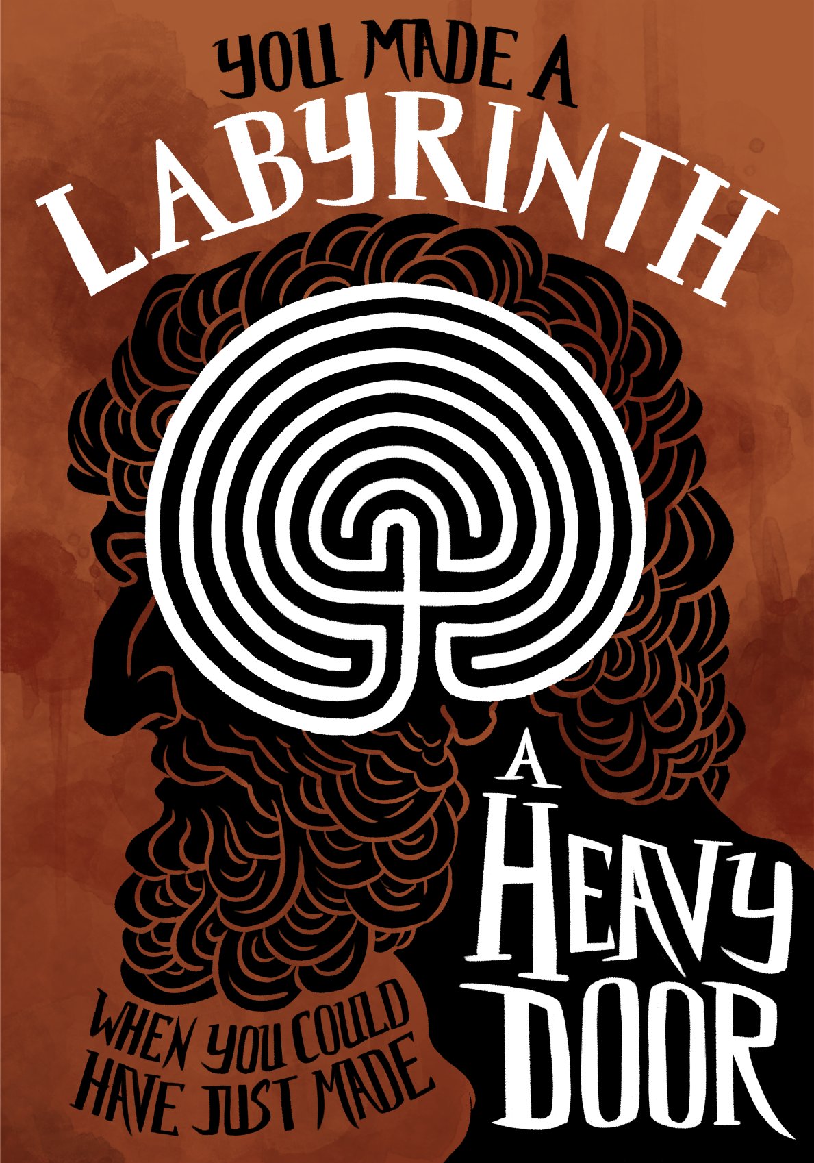 1boy, beard, black_skin, brown_background, brown_theme, colored_skin, commentary, curly_hair, daedalus_(mythology), english_commentary, english_text, facial_hair, greek_mythology, highres, liz_parlett, male_focus, maze, monochrome, old, old_man, parody, portrait, profile, silhouette, solo, style_parody, text_focus