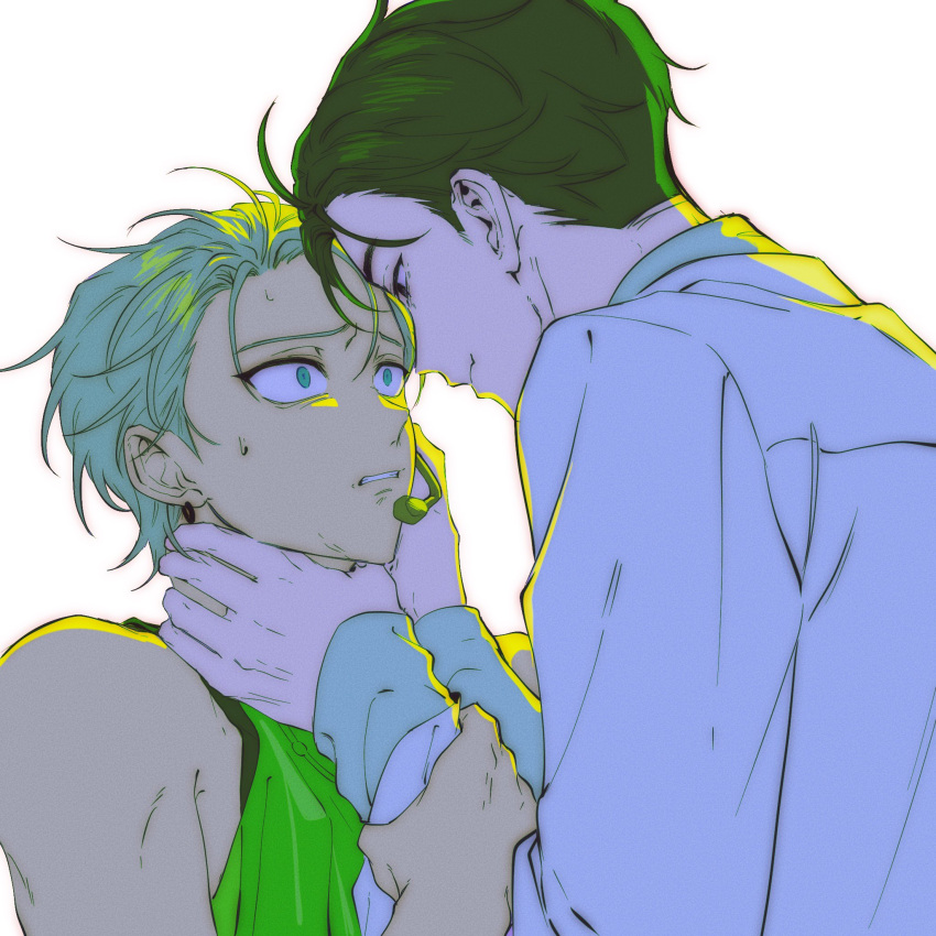 29o52413, 2boys, alien_stage, black_eyes, black_hair, coat, commentary_request, green_eyes, green_tank_top, grey_hair, hand_on_another's_arm, hand_on_another's_face, hand_on_another's_neck, headset, highres, ivan_(alien_stage), long_sleeves, male_focus, microphone, multiple_boys, short_hair, simple_background, smile, sweatdrop, tank_top, thai_commentary, till_(alien_stage), very_short_hair, white_background, white_coat