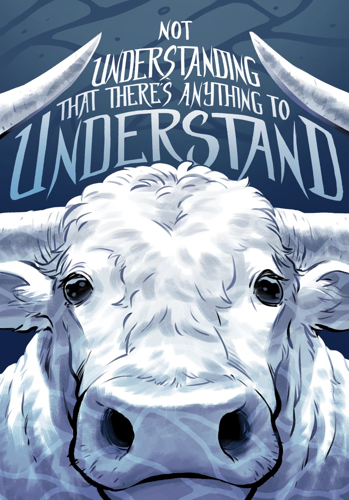 animal, animal_focus, black_eyes, blue_background, bull, caustics, close-up, closed_mouth, commentary, cow, cow_horns, english_commentary, english_text, greek_mythology, highres, horns, liz_parlett, looking_at_viewer, no_humans, no_sclera, portrait, text_focus, underwater, white_fur, white_horns