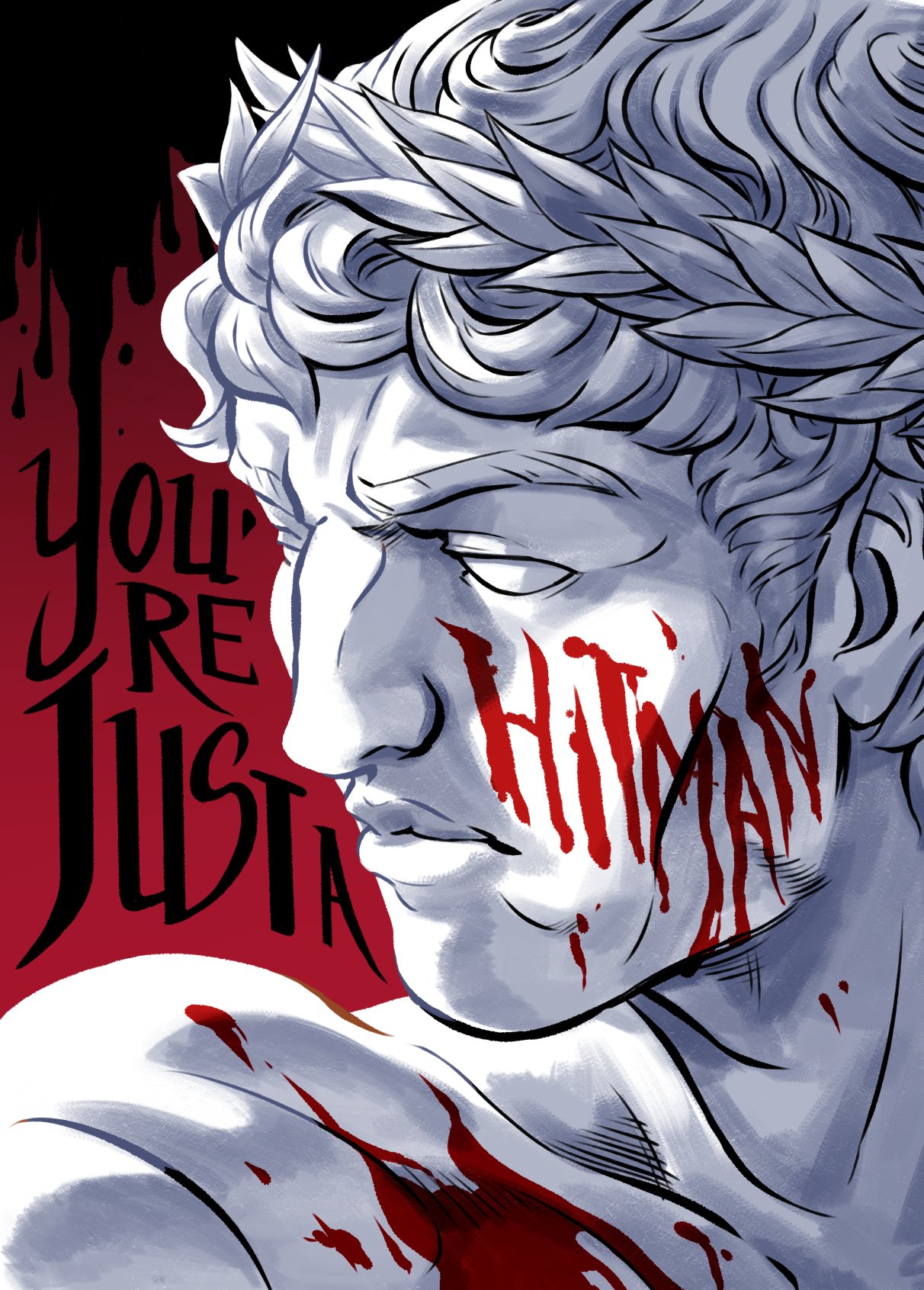 1boy, blood, blood_on_clothes, blood_on_face, blood_writing, closed_mouth, colored_skin, commentary, dripping, english_commentary, english_text, frown, glaring, greco-roman_clothes, greek_mythology, highres, laurel_crown, liz_parlett, male_focus, portrait, red_theme, short_hair, solo, statue, text_focus, theseus_(mythology), white_hair, white_skin