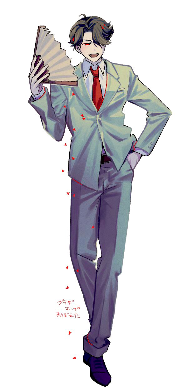 1boy, belt, black_footwear, black_hair, buttons, collared_shirt, fang, folding_fan, full_body, green_jacket, green_pants, hair_over_one_eye, hand_fan, hand_in_pocket, highres, holding, holding_fan, jacket, long_sleeves, male_focus, necktie, ooe_(game), open_mouth, pants, red_eyes, red_necktie, shamoroku, shirt, shoes, short_hair, simple_background, smile, solo, suit, takeshiba_(ooe), white_background, white_shirt