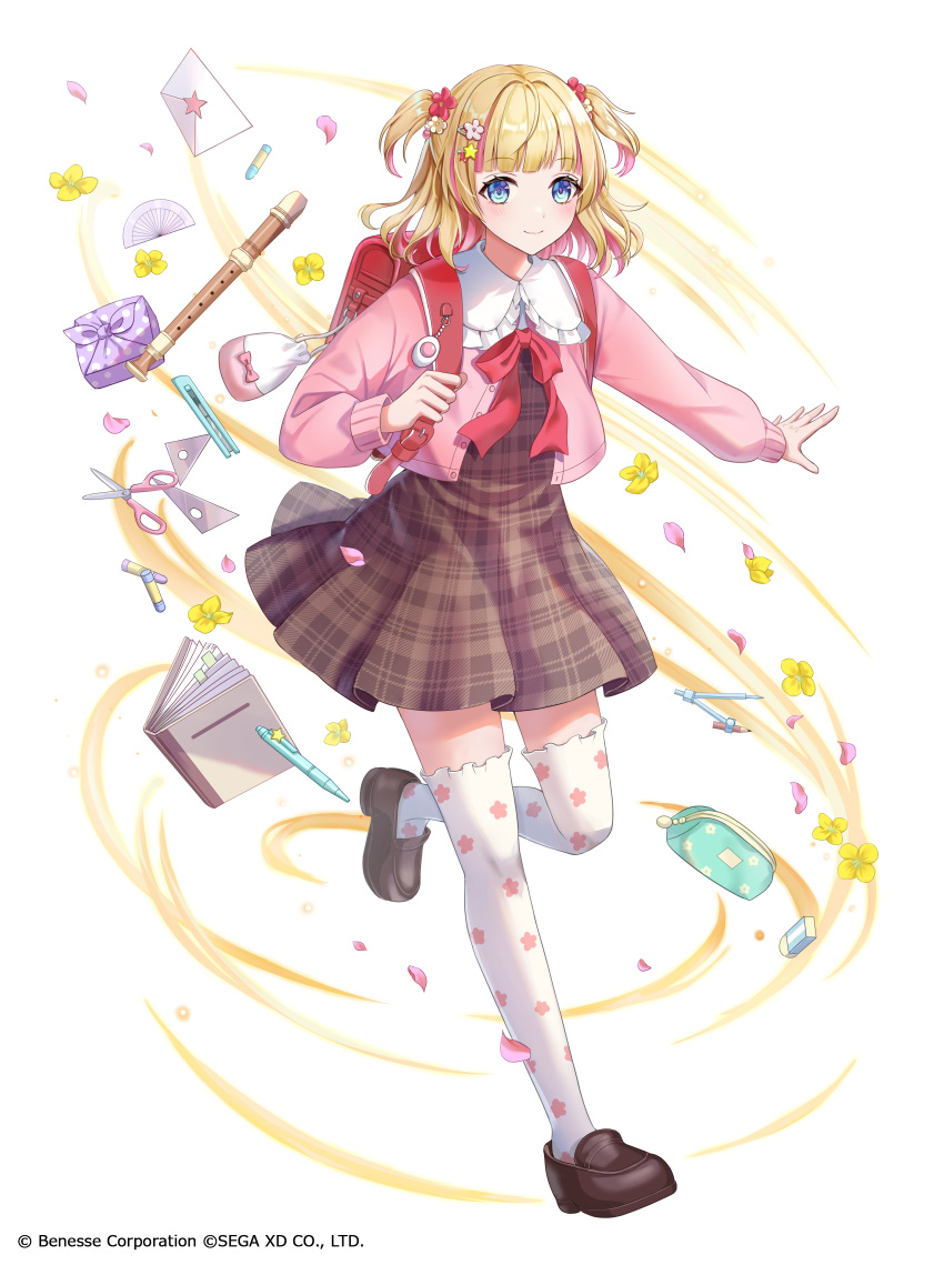 1girl, absurdres, alice_(risdom), backpack, bag, bento, blonde_hair, blue_eyes, book, brown_footwear, character_request, copyright_notice, flute, full_body, highres, instrument, kusunokinawate, official_art, pen, pencil_case, pink_streaks, randoseru, red_bag, risdom, shoes, smile, socks, transparent_background, white_socks