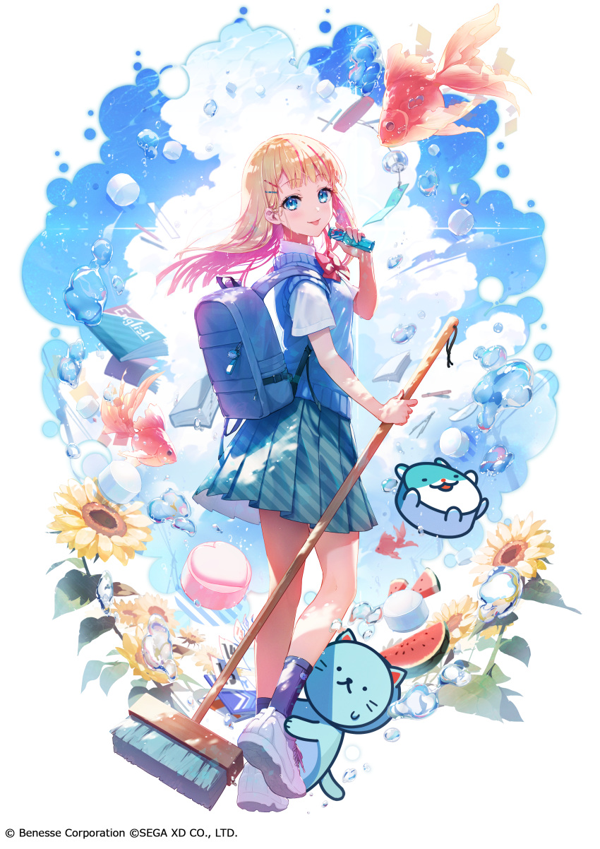 1girl, absurdres, alice_(risdom), backpack, bag, blonde_hair, blue_eyes, book, broom, character_request, copyright_notice, fish, flower, food, fruit, highres, holding, holding_broom, long_hair, mochidart, official_art, purple_socks, risdom, school_uniform, skirt, socks, solo, sunflower, tongue, tongue_out, transparent_background, watermelon, white_footwear