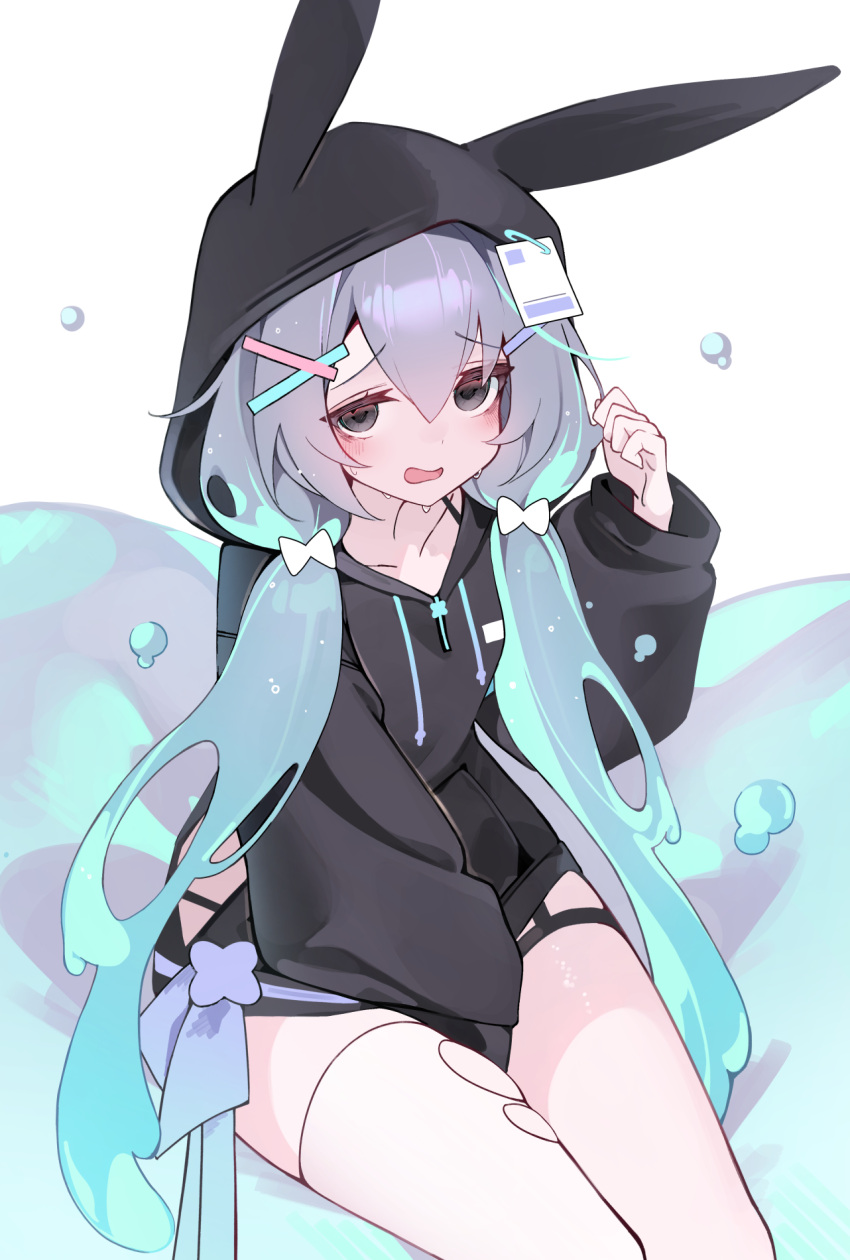 1girl, animal_hood, aqua_hair, baggy_clothes, between_legs, black_eyes, black_hoodie, blush