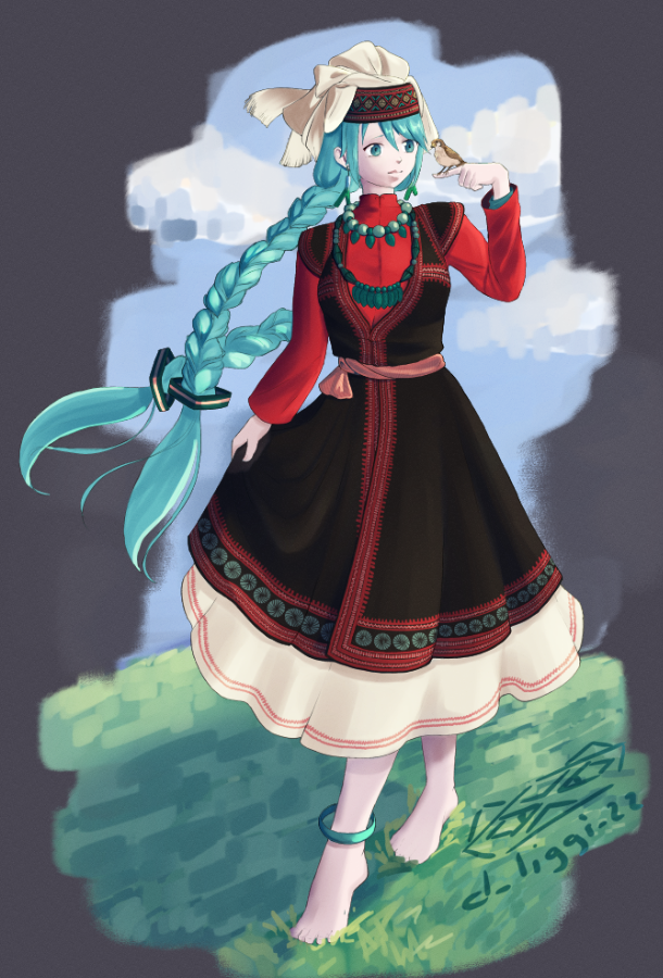 1girl, amir_halgal, amir_halgal_(cosplay), anklet, artist_name, barefoot, bird, blue_eyes, blue_hair, bracelet, braid, clothes_lift, clouds, cosplay, d_liggi_22, dress, dress_lift, grass, hat, hatsune_miku, jewelry, kazakh_clothes, long_hair, necklace, on_grass, otoyomegatari, red_dress, signature, simple_background, sky, sparrow, twin_braids, twintails, very_long_hair, vocaloid