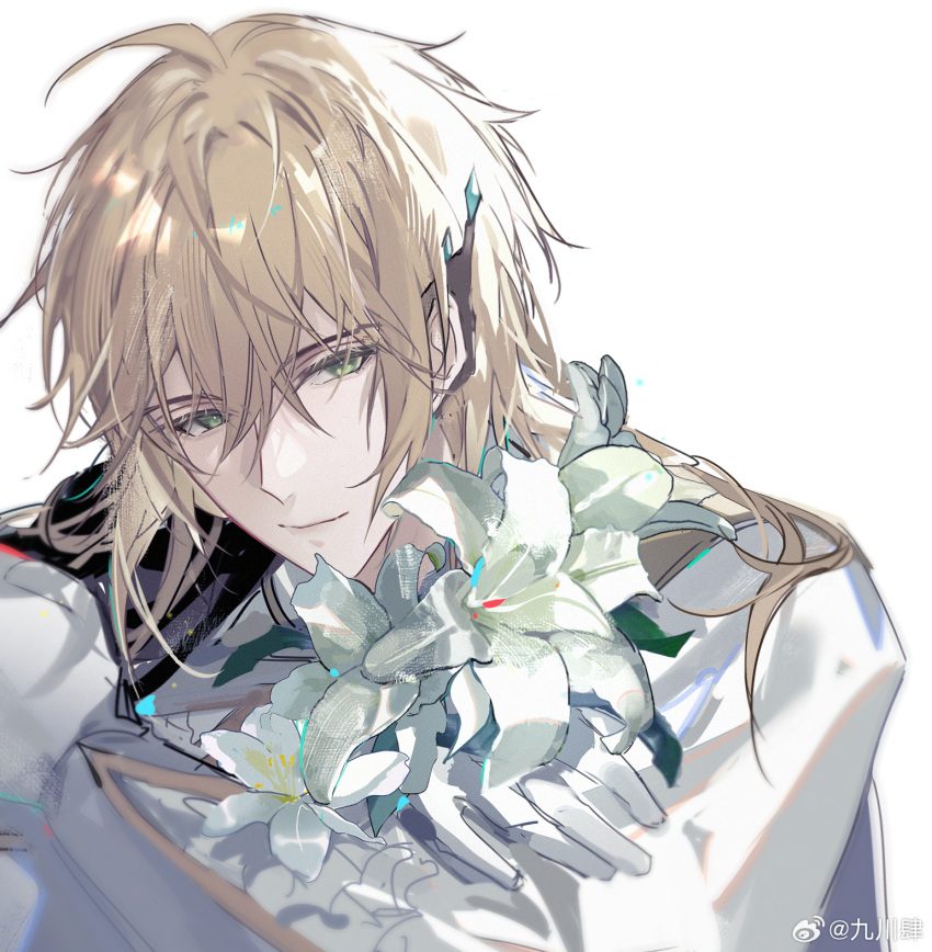 1boy, alkaid_mcgrath, bishounen, black_cape, blazer, blonde_hair, bouquet, cape