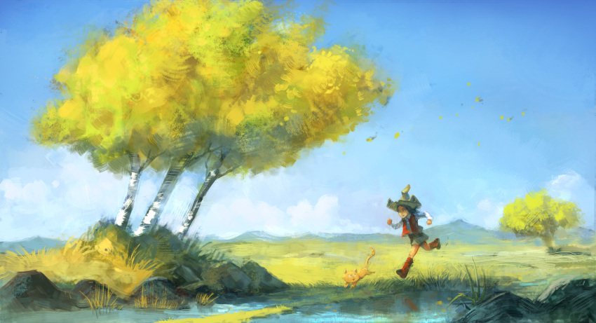 1girl, absurdres, brown_footwear, brown_hair, carrot_(pepper&amp;carrot), cat, clouds, david_revoy, full_body, hat, highres, leg_warmers, long_sleeves, miniskirt, mountain, open_mouth, outdoors, pepper&amp;carrot, pepper_(pepper&amp;carrot), red_vest, rock, running, shirt, shoes, skirt, sky, tree, vest, water, white_shirt, witch_hat