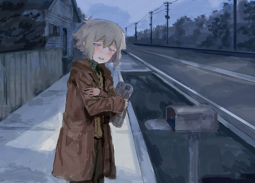 1boy, alternate_costume, basil_(faraway)_(omori), basil_(omori), blonde_hair, blue_eyes, brown_coat, coat, day, holding, holding_newspaper, long_sleeves, looking_at_viewer, newspaper, nofu_no0004, omori, outdoors, short_hair, sidewalk, solo