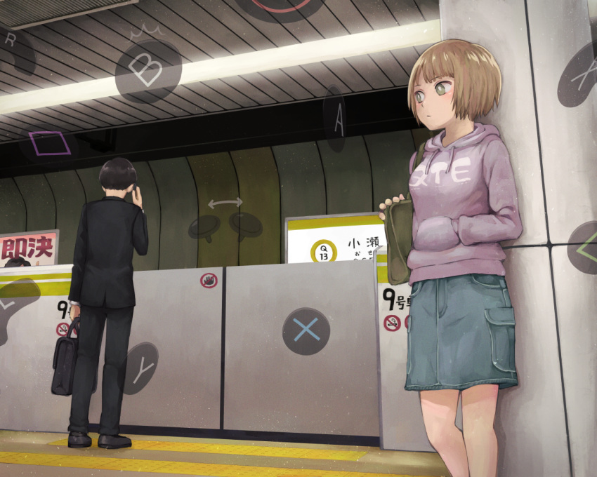 1boy, 1girl, bag, black_bag, black_hair, black_jacket, black_pants, black_suit