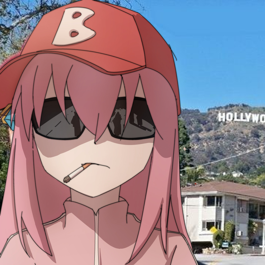 1girl, absurdres, baseball_cap, blue_sky, bocchi_the_rock!, building, chazeyrain, cigarette, commentary, cube_hair_ornament, day, english_commentary, gotoh_hitori, hair_ornament, hat, highres, hollywood_sign, jacket, long_hair, outdoors, photo_background, pink_hair, pink_jacket, red_hat, sky, smoking, solo, sunglasses, track_jacket