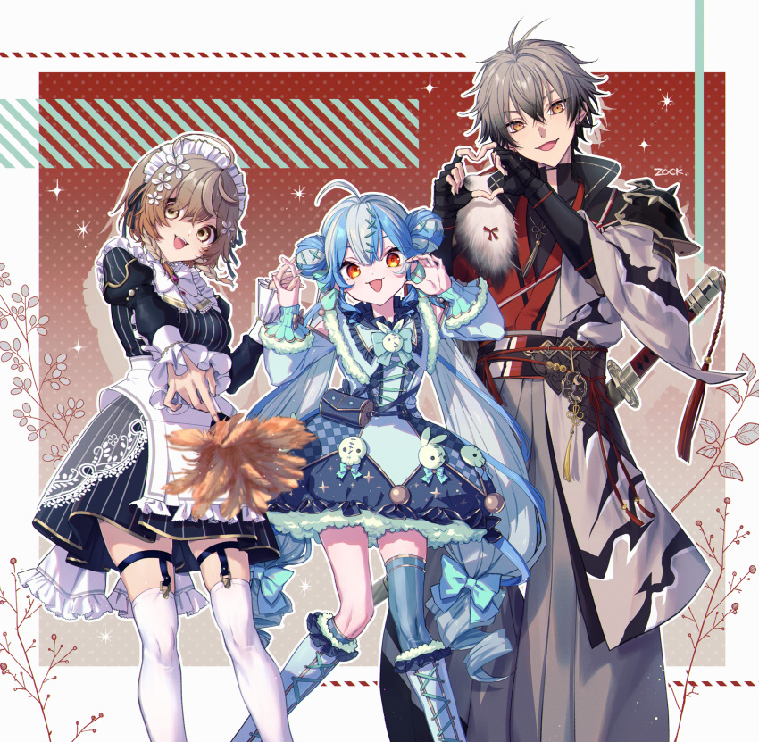 1boy, 2girls, :d, ahoge, anniversary, armor, blue_hair, blue_thighhighs, bow, braid, brown_eyes, brown_hair, denauth, double_bun, duster, fingerless_gloves, garter_straps, gloves, grey_hair, hair_bow, hair_bun, hakama, heart, heart_hands, highres, holding, holding_duster, holding_hands, japanese_clothes, katana, klara_charmwood, long_hair, looking_at_viewer, low_twintails, maid, maid_headdress, medium_hair, multicolored_hair, multiple_girls, nijisanji, nijisanji_en, orange_eyes, pauldrons, puffy_sleeves, ryoma_barrenwort, short_hair, shoulder_armor, single_thighhigh, smile, streaked_hair, sword, thigh-highs, tsuru_ringo, twin_braids, twintails, twisty_amanozako, very_long_hair, virtual_youtuber, weapon, white_thighhighs