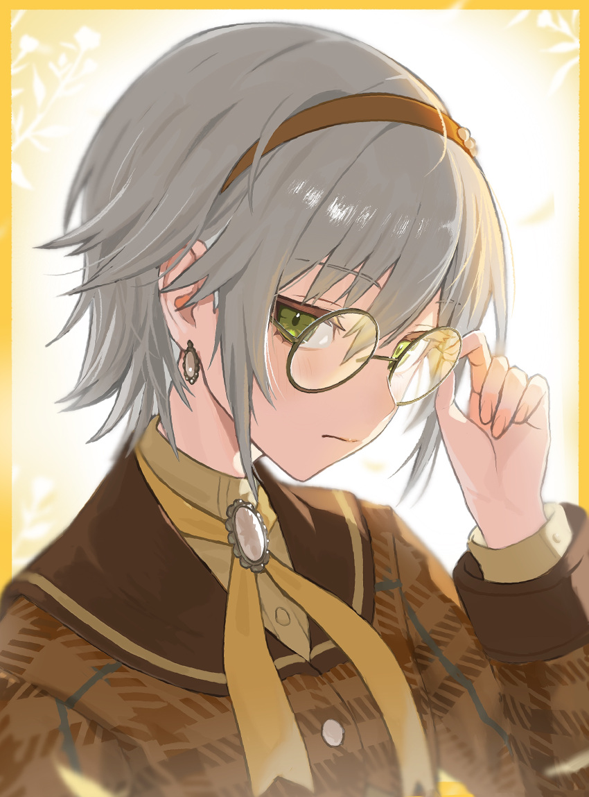 absurdres, adjusting_eyewear, blazer, brown_jacket, earrings, glasses, green_eyes, grey_hair