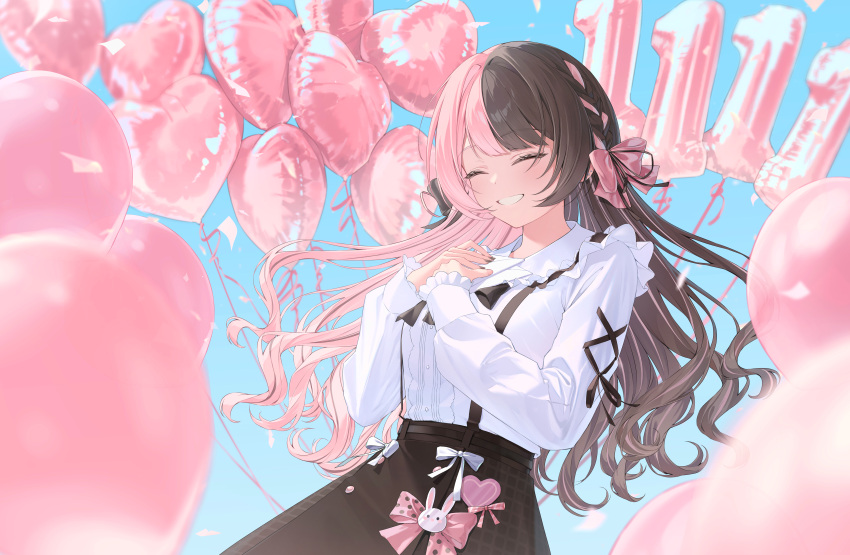 1girl, absurdres, balloon, black_bow, black_bowtie, black_skirt, blouse, blunt_bangs