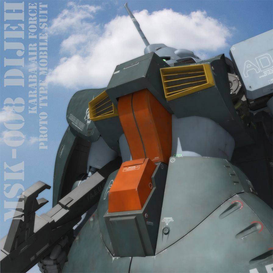 3d, aeug, beam_rifle, blue_sky, character_name, clouds, commentary_request, dijeh, energy_gun, english_text, gundam, machinery, mecha, mecha_focus, mobile_suit, photo_background, radio_antenna, robot, roundel, science_fiction, sky, tomholy, upper_body, weapon, zeta_gundam, zeta_gundam_define