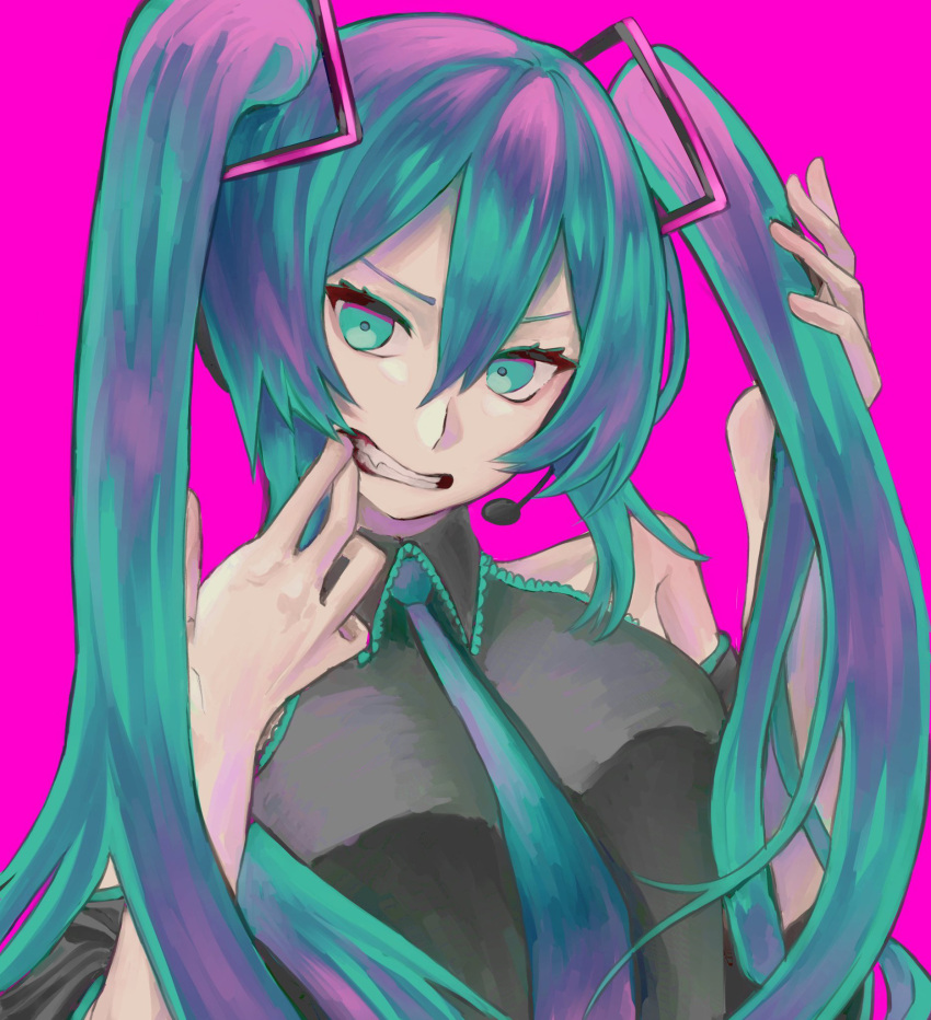 1girl, blue_eyes, blue_hair, clenched_teeth, collared_shirt, commentary, detached_sleeves, fang