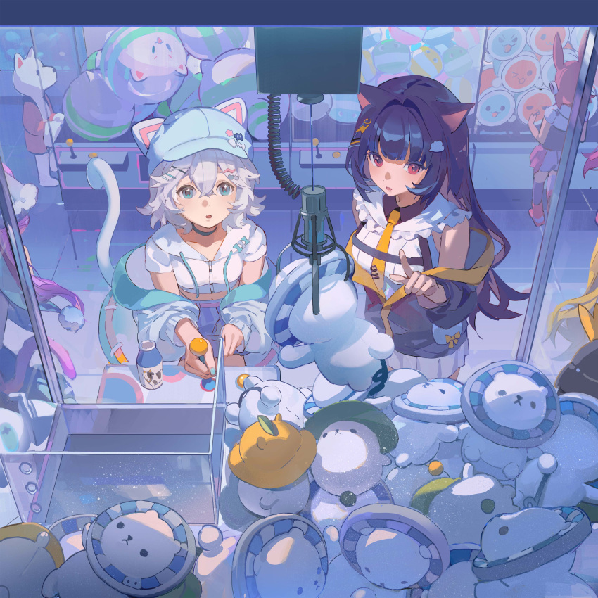 2girls, :o, absurdres, animal_ears, black_hair, blue_eyes, cat_ears, cat_girl