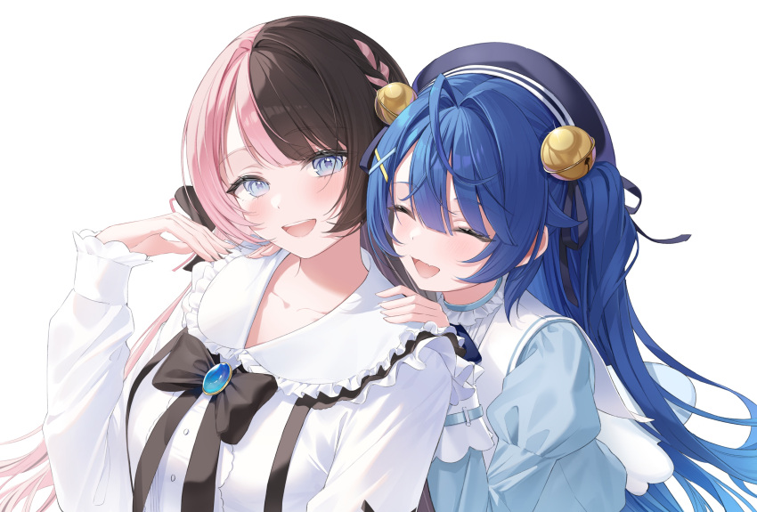 2girls, :3, absurdres, amamiya_kokoro, amamiya_kokoro_(1st_costume), bell, beret, black_bow