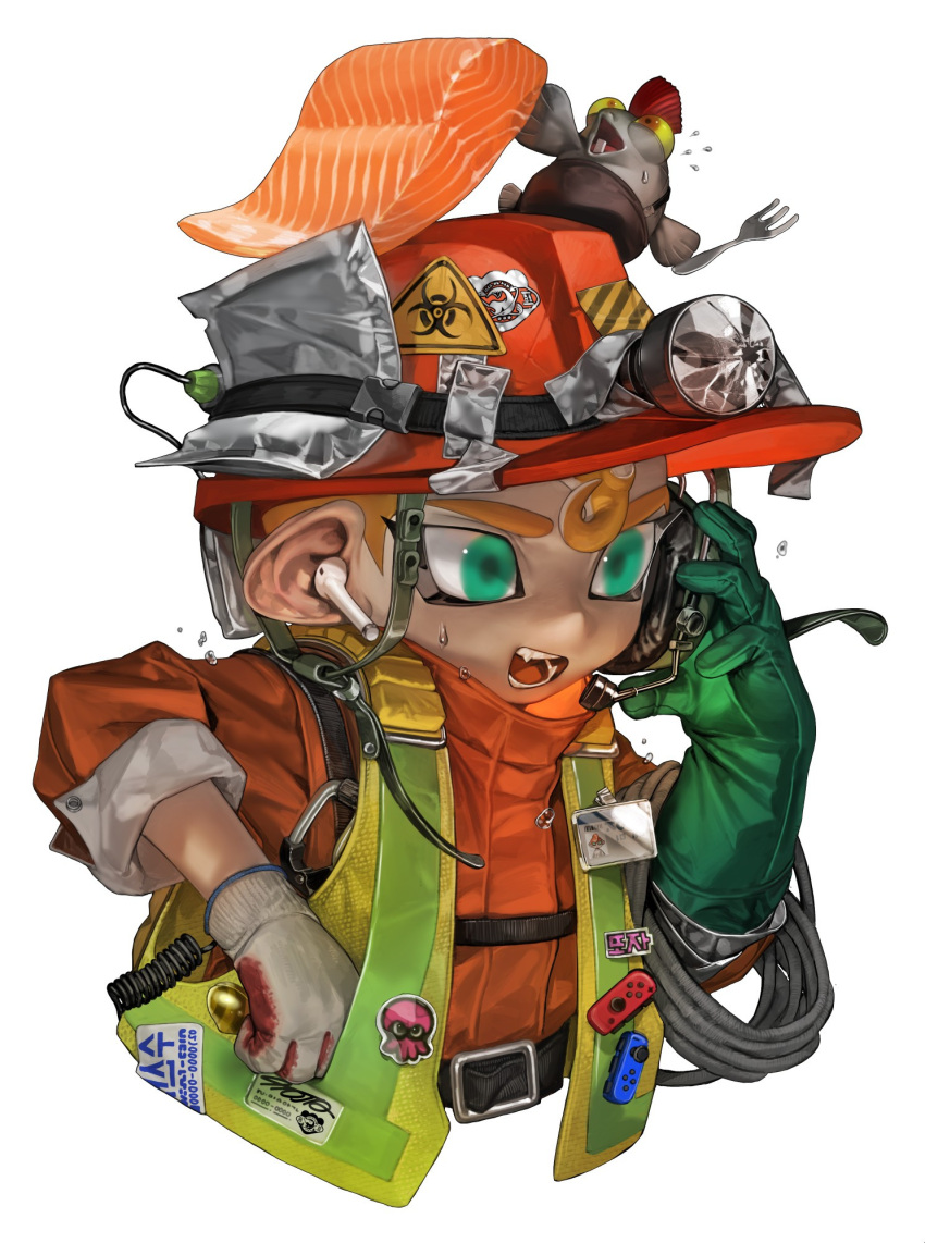 1boy, airpods, fang, fork, green_eyes, little_buddy_(splatoon), octoling, octoling_boy, open_mouth, orange_hair, salmon, salmon_run_(splatoon), salmonid, splatoon, splatoon_(series), splatoon_3, ttoja7643, white_background