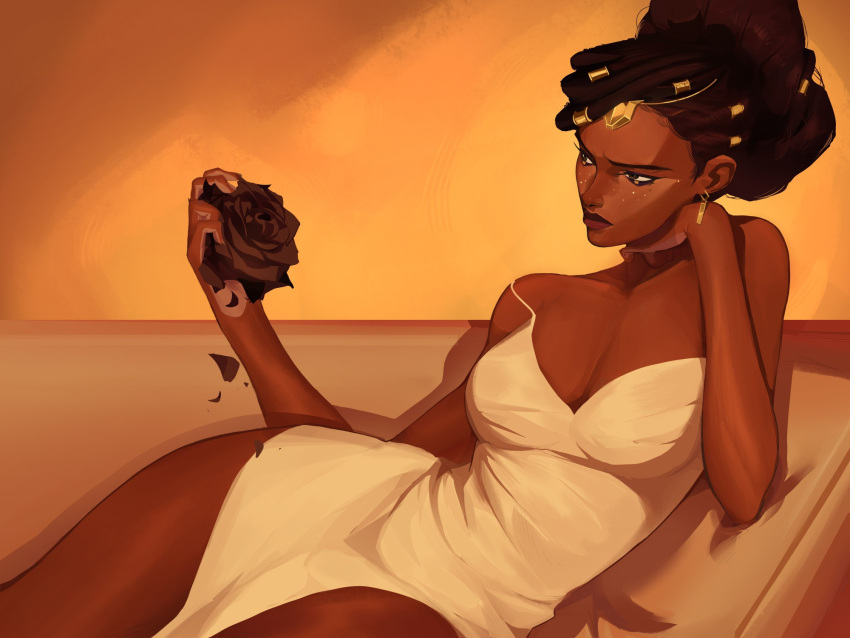 1girl, arcane:_league_of_legends, black_hair, black_rose, earrings, flower, gold_jewelry, hair_ornament