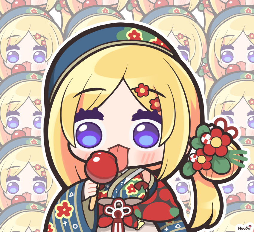 1girl, aki_rosenthal, aki_rosenthal_(new_year), blonde_hair, blue_eyes, blush, candy_apple, chibi, commentary, detached_sleeves, flower, food, hair_bun, hair_flower, hair_ornament, hat, highres, holding, holding_food, hololive, huusri, japanese_clothes, kanzashi, kimono, licking, long_hair, single_side_bun, sleeveless, sleeveless_kimono, upper_body, virtual_youtuber