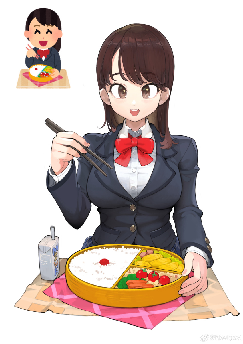 1girl, absurdres, bento, black_jacket, blazer, bow, bowtie, breasts