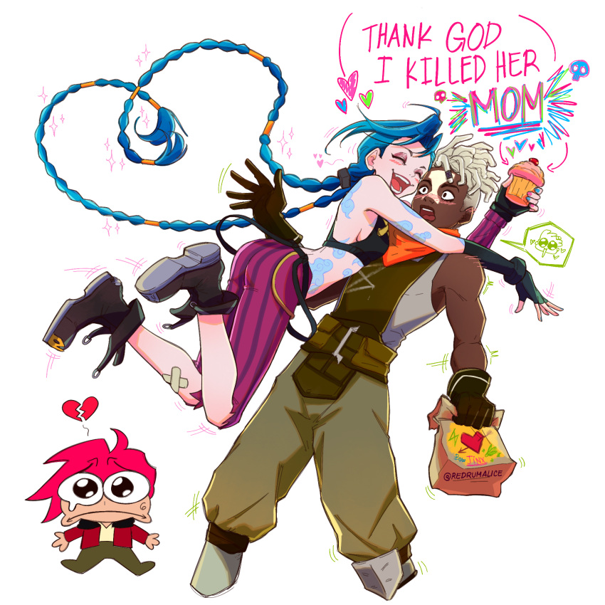 1boy, 2girls, alice_(redrumalice), arcane:_league_of_legends, blue_hair, blush, broken_heart, closed_eyes