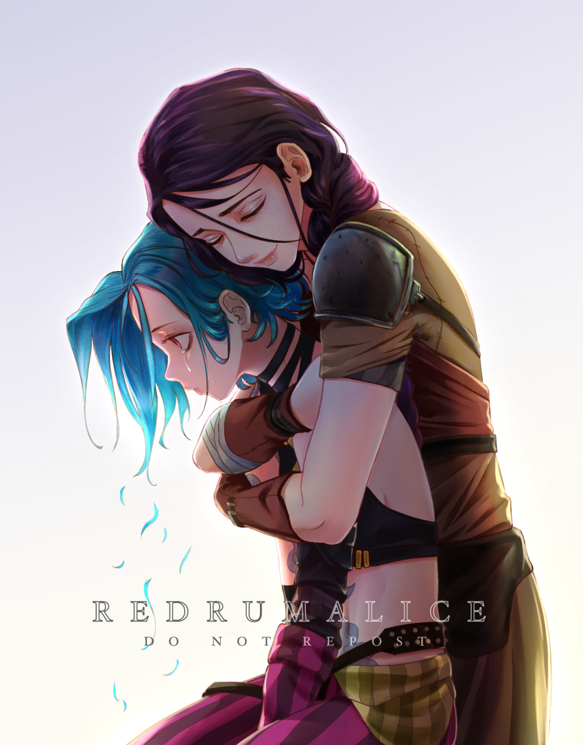 2girls, alice_(redrumalice), arcane:_league_of_legends, black_hair, blue_hair, felicia_(arcane), jinx_(league_of_legends), mother_and_daughter, pink_eyes, white_background