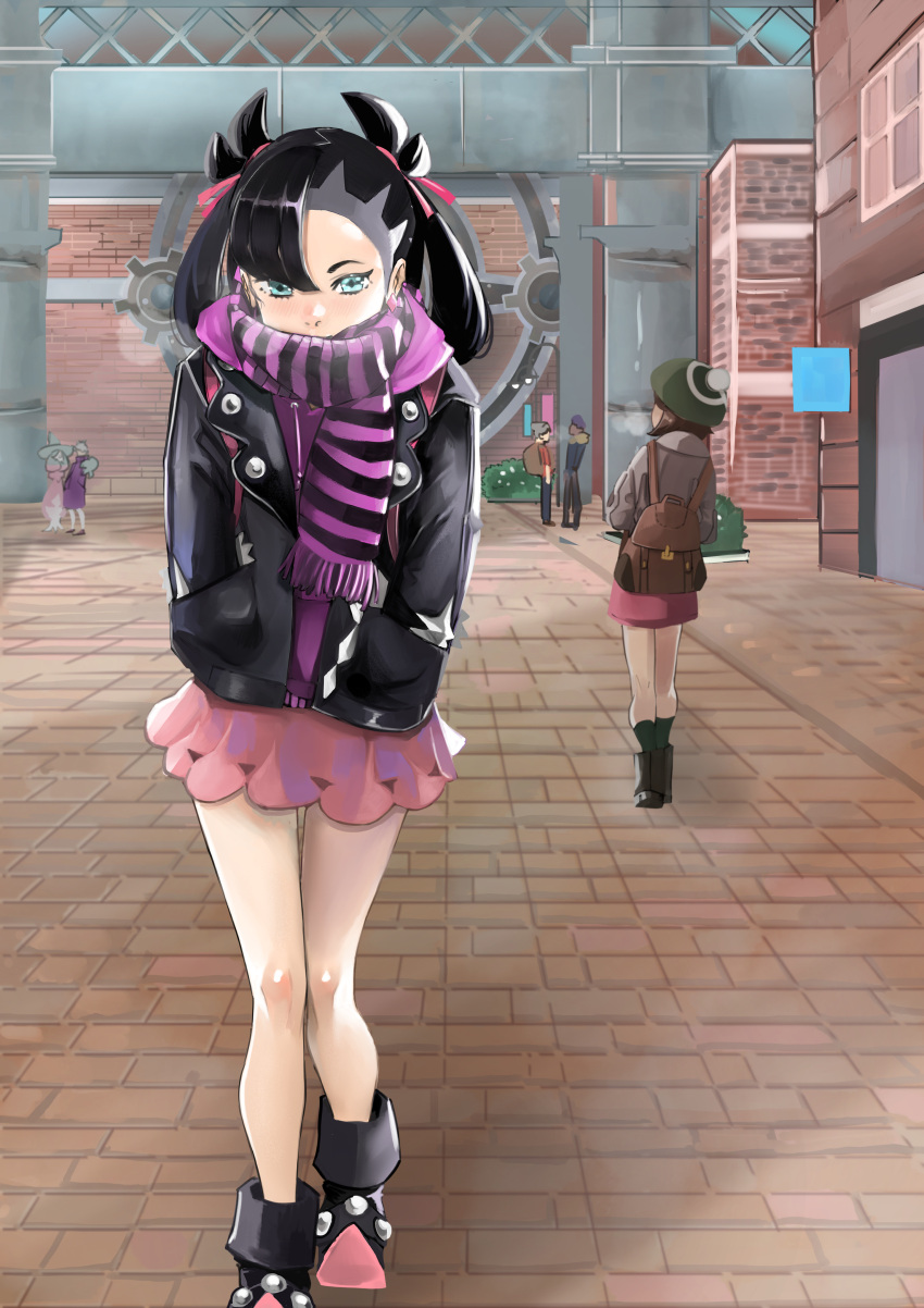 2girls, 3boys, absurdres, asymmetrical_bangs, backpack, bag, bede_(pokemon), black_footwear, black_jacket, blue_eyes, boots, brown_bag, commentary_request, dress, gloria_(pokemon), green_hat, hands_in_pockets, hat, hatterene, highres, hop_(pokemon), in-universe_location, jacket, jitome_no_tsugumi, marnie_(pokemon), medium_hair, multiple_boys, multiple_girls, outdoors, pink_dress, pokemon, pokemon_(creature), pokemon_swsh, purple_scarf, scarf, solo_focus, twintails, undercut, victor_(pokemon), walking