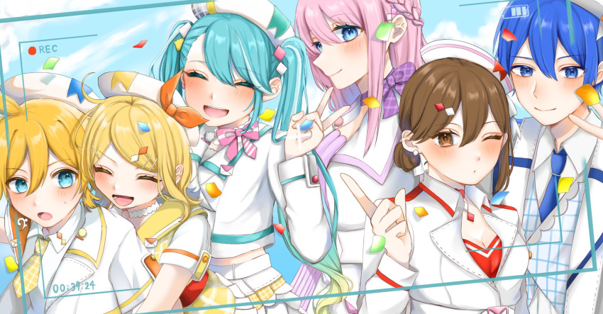 2boys, 4girls, blonde_hair, blue_eyes, blue_hair, blush, braid, brown_eyes
