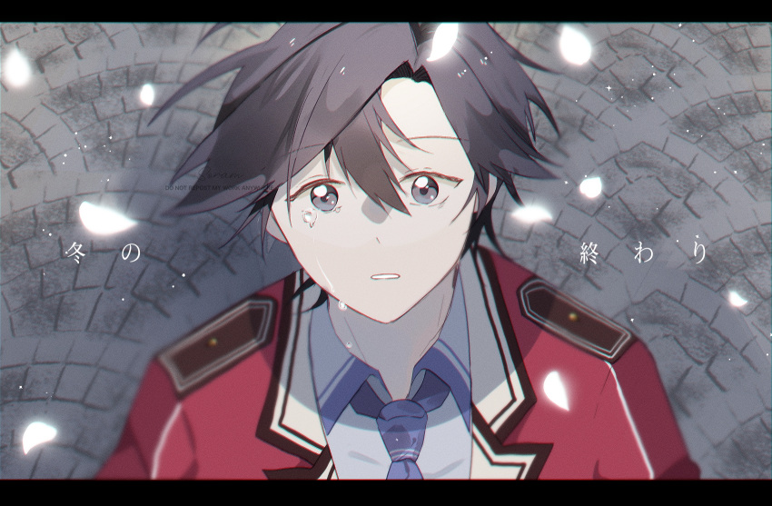 1boy, blue_hair, blue_necktie, commentary_request, eiyuu_densetsu, from_above, grey_eyes, hair_between_eyes