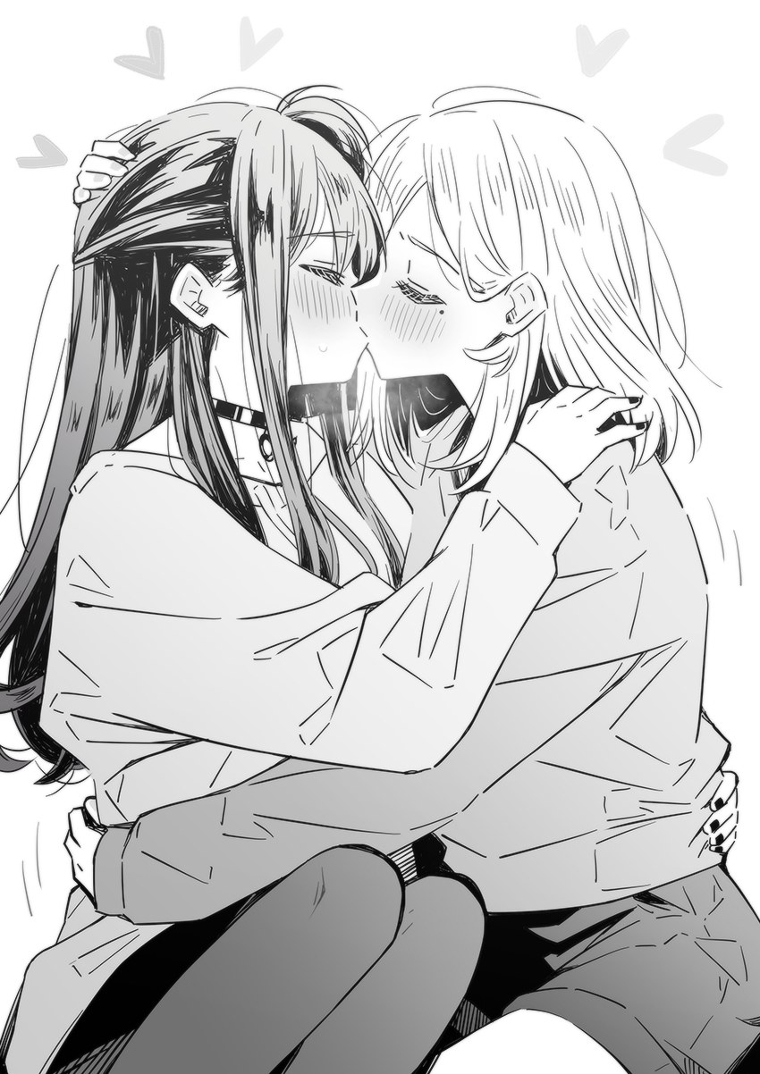 2girls, blush, closed_eyes, commentary, greyscale, hand_on_another's_head, highres, izumi_shiho