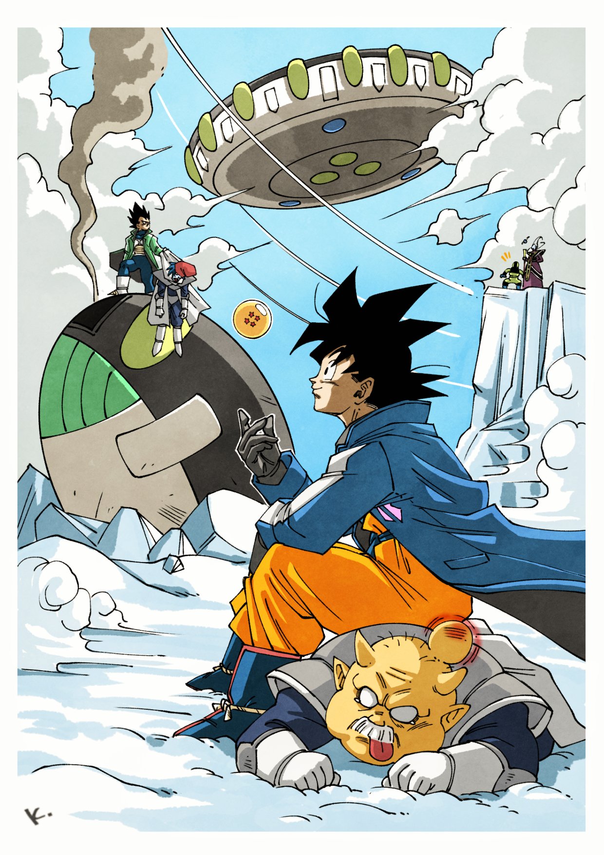 1girl, 5boys, belt, black_eyes, blue_belt, blue_footwear, blue_sky, boots