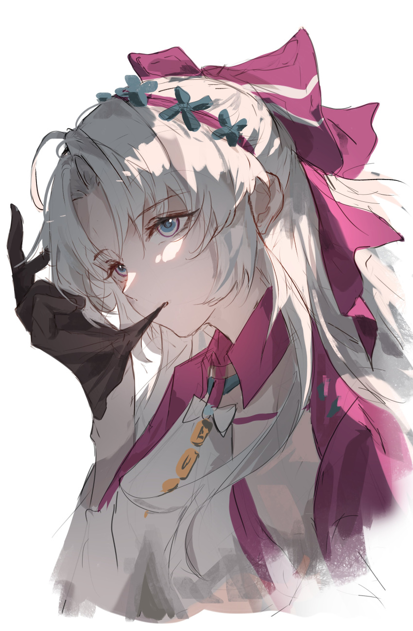 1girl, absurdres, biting, biting_glove, black_gloves, bow, carlotta_(wuthering_waves), elyzerda