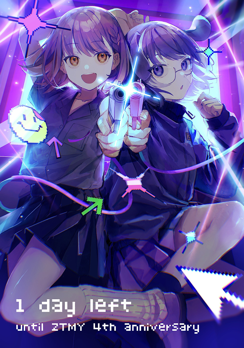 2girls, :d, :o, absurdres, aca-ne_(zutomayo), animal_ears, arm_behind_head, arm_up