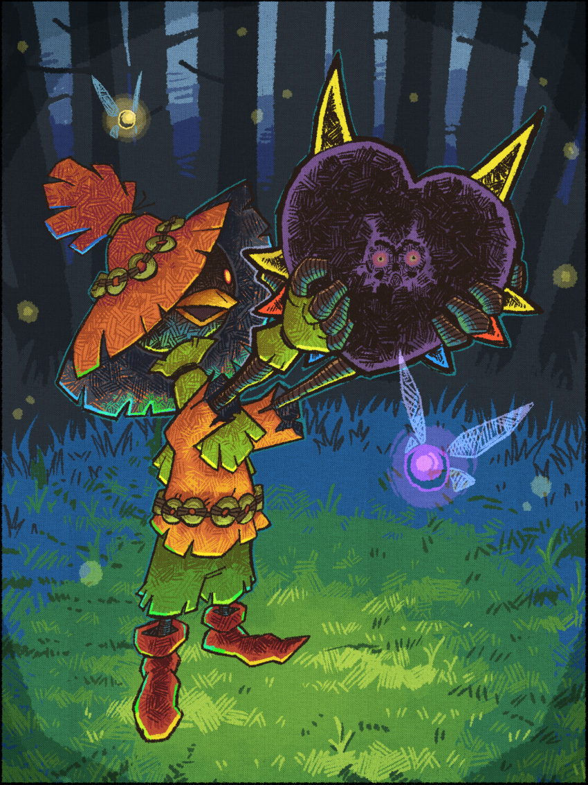 1boy, boots, brown_footwear, captionpanic, commentary, english_commentary, fairy, fairy_wings, forest, full_body, glowing, highres, holding, holding_mask, majora_(entity), male_focus, mask, nature, night, on_grass, open_mouth, skull_kid, standing, tael, tatl, the_legend_of_zelda, the_legend_of_zelda:_majora's_mask, wings