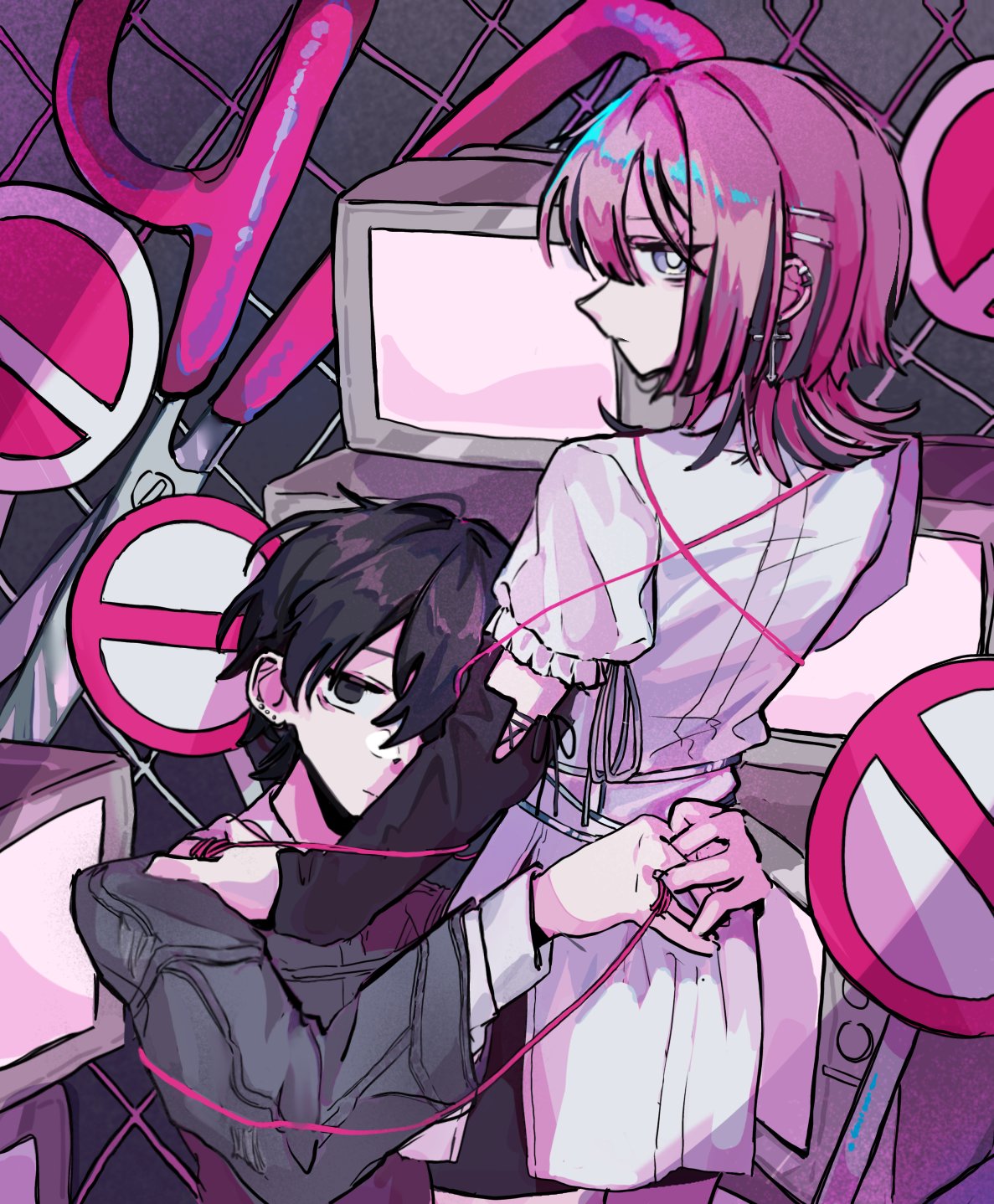 1boy, 1girl, alternate_costume, baka_janai_noni_(zutomayo), black_eyes, black_hair, black_shorts, dress