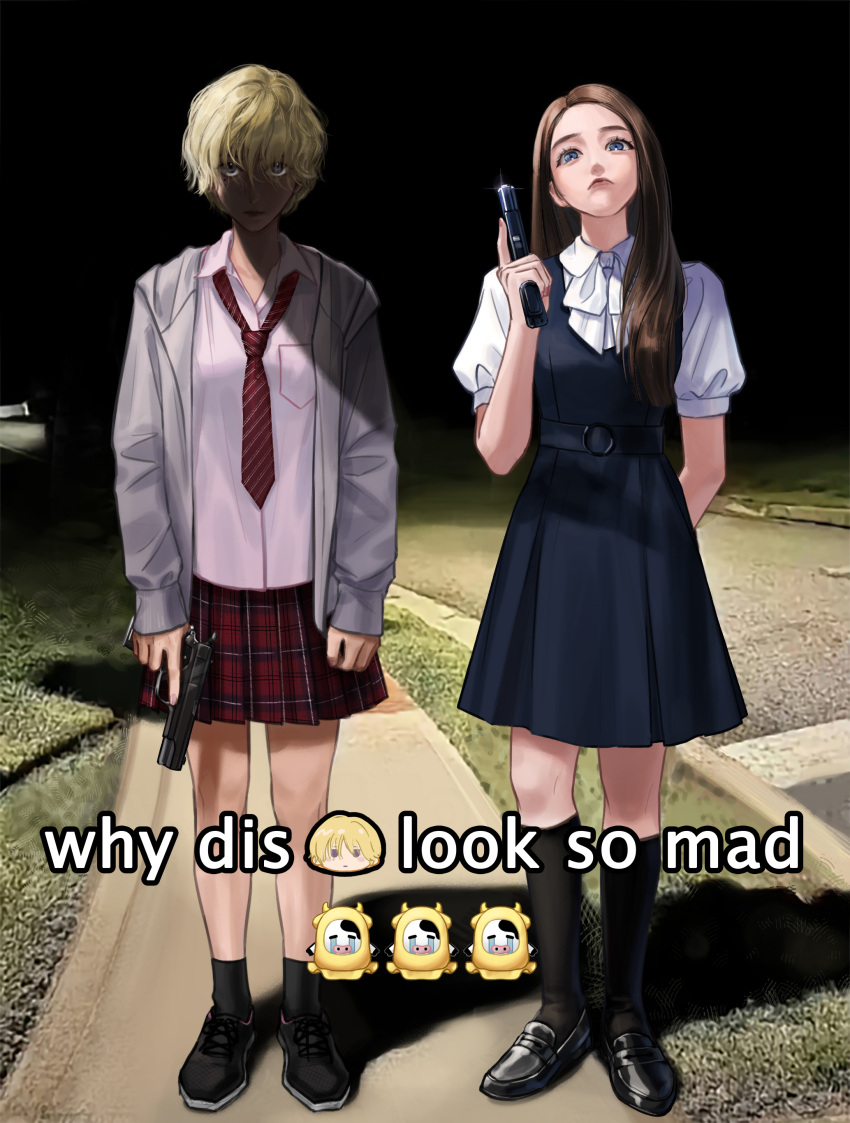 2girls, absurdres, baby_walkure, belt, black_footwear, black_hair, black_socks, blonde_hair
