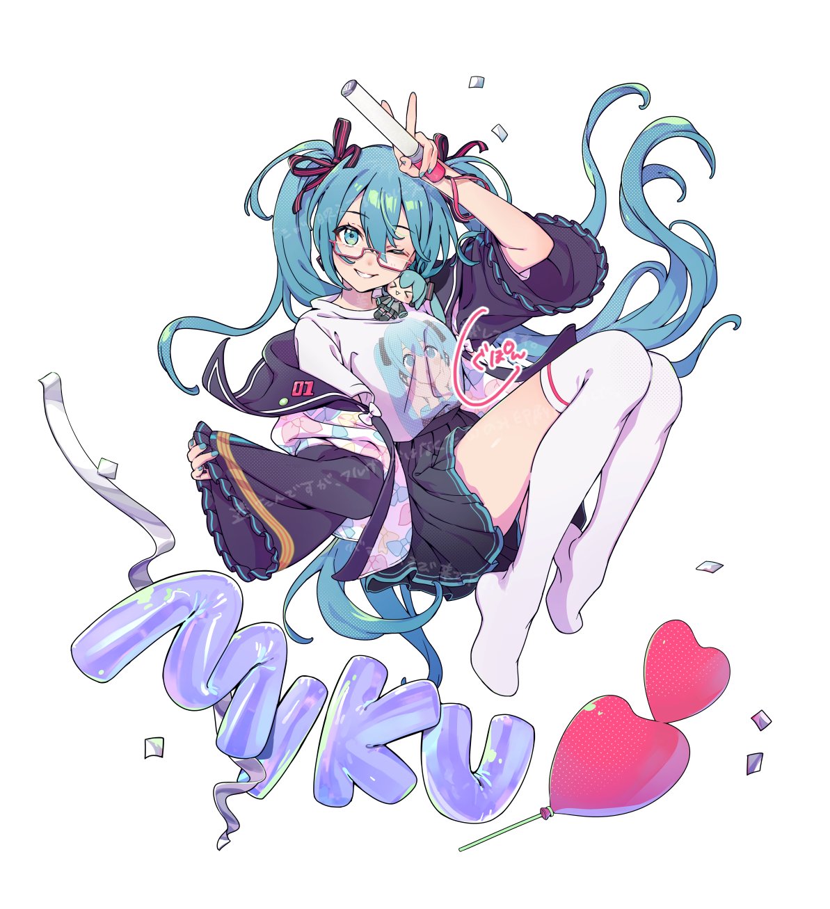 >_<, 1girl, aqua_eyes, arm_at_side, balloon, bespectacled, black_jacket, black_ribbon