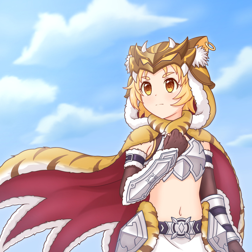 1girl, animal_ear_fluff, animal_hat, animal_print, blonde_hair, breasts, cloak, closed_mouth, fur-trimmed_hood, fur_trim, green-x, hat, hat_ring, highres, hood, looking_to_the_side, matsuri_(princess_connect!), matsuri_(wild)_(princess_connect!), midriff, navel, outdoors, princess_connect!, short_hair, small_breasts, solo, tiger_print, yellow_eyes